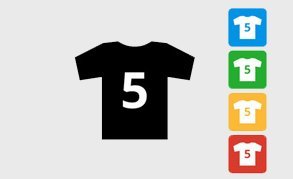 T-shirts in black, blue, green, yellow and red, all with the number 5 on the front